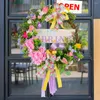 Couronne de fleurs décoratives de pâques, avec nœud en tissu, guirlande d'anneaux en rotin, ruban coloré, petite lavande artificielle, décor de bonne journée