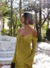 Casual Dresses Spring Elegant Green Tassel Oregelbundet tryckklänning Kvinnor V-ringning Långärmad spaghetti Vestidos Kvinnlig mode High Street Robe