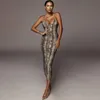 Leopard Print Strap Dresses Women Sexy Deep V Bodycon Long Dress Club Wear Free Ship