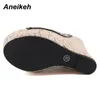 Aneikeh 2024 Sommer Mode Offene spitze Sandalen Plattform Super High Heels Slip-on Metall Niet Sandalen Rom Party Frauen maultiere schwarz 240228