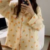 Capris kawaii algodão casa terno coreano pijamas laranja impressão pamas feminino outono pijamas pijamas calças de manga longa 2 peças conjunto pijamas