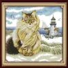 Fette Katzen und der Leuchtturm Kreuzstich-Bastelwerkzeuge Stickerei-Handarbeitssets, gezählter Druck auf Leinwand DMC 14CT 11CT Home Decor p2448