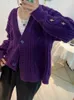 Damen Strick Vintage Star bestickter dunkelviolett gestrickter Strickjacken Y2K Streetwear Loous V Hals Langer Pullover