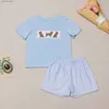 T-shirts Boutique Baby Kids Girl Pink Short Sleeved Boy Blue T-shirt Set Round Neck Puppy Embroidery Top Clothes And Latice Short Suit L240311