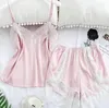 Mulheres sleepwear duas peças mulheres sexy cetim pijama conjunto branco laço v-pescoço pijama sem mangas bonito feminino dormir suprimentos