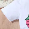 Camisetas crianças meninas morango manga curta camisas topos cintura alta shorts jeans conjuntos de roupas menina verão conjunto l312