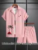 Sommer Herren Hawaiian Anzug Kurzarm Kokosnuss Baum Gedruckt Button Up Hemd Strand Shorts Straße Casual Herren Anzug 2 Stück 240227