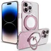 Glitter Transparent Ring Holder Phone Cases 15plus 14 13 12 11 Pro Max Wireless Charge Magnetic Camera Soft Plating bling Cover 848DD