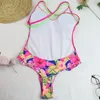 Damenbadebekleidung 2024 Sexy einteiliger Badeanzug Frauen Rüschen Doppelkreuzgurte V-Ausschnitt Blume Kokosnussbaum Druck Badeanzug Beachwear