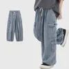 Herren Jeans Männer Frühling Herbst Denim Hosen Elastische Taille Kordelzug Multi Taschen Breites Bein Casual Hosen Hip Hop Stil Gewaschen Lose