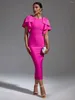 Casual Dresses Pink Bandage Dress Women Midi Party Bodycon Elegant Beaded Ruffle Sexy Evening Birthday Club Outfits Summer 2024