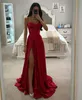 Sexy rotes A-Linien-Abendkleid aus Satin, Spaghetti-Abendkleider, elegantes Mieder, Falten, rückenfrei, formelle Kleider für besondere Anlässe, geteilte Robe de Soiree