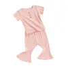 Kleidungssets Kleinkind Baby Mädchen Sommerkleidung Einfarbig Kurzarm T-Shirt Gerippte Schlaghose 2-teiliges Set 6M-4T