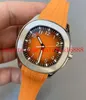 Toppkvalitet 5168G-001 42mm rostfritt stål orange urtavla Mens Automatisk mekanisk klocka Gummiarmband Men Sport Watches Transparent Back