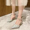 Zapatos de vestir Calzado Sandalias cerradas para mujeres Tacones finos Damas Stiletto Verano 2024 Diamond Bow Silver Rhinestones Sandalia puntiaguda