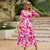 Vrouwen Casual Boho Chiffon Jurken Flowy Sexy V-hals Korte Mouw Empire Taille Zomerjurk Gesmokte Print Bloemen Lange Jurk