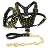 Black Spiked Dog Collars Studded Leather Dog Pet Pitbull Harness Chest 26 -34 Collar & Leash Set For Medium Large Dogs 298C