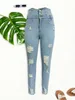 Buracos rasgados casuais jeans magros outono slash bolsos angustiados botão único botão de cintura alta calças jeans 240301