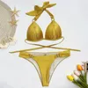 Mulheres Swimwear Sexy Prata Bikini Set 2024 Swimsuit Feminino Buraco Brilhante Push Up Mulheres Amarelo Banheira Verão Banhista