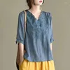 Women's T Shirts 2024 Summer Fashion Large Clothing Vintage Embroidery Cotton Linen Loose V-neck Middle Sleeve Shirt Pullover Tops