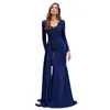 2024 Elegant Long Sleeves Mermaid Mother Of The Bride Dresses Dark Navy Wedding Guest Dress Lace Appliques Pleats Long Satin Prom Wear Modest Satin Evening Gown