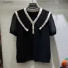 女性用Tシャツの女性ビーズシックフリルパッチワーク半分ニットTシャツ夏の韓国ファッションvネックルーズプルオーバートップエレガントロパ240311