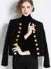 Autumn Winter Metal Double Breasted Tassel Bright Silk Wool Jacket Coat Women Black Tweed Short Cardigan Slim Outwear Top 240309