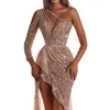 Womens Fashion Sexy Gold Sprinkled One Shoulder Banquet Diamond Inlay Hip Wrap aftonklänning Hög SLIT Full längd Kvinnor paljett240311