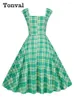 Casual Jurken Tonval Vierkante Hals Ruches Buste Hoge Taille 50s Rockabilly Voor Vrouwen Mouwloze Vintage Pinup Geruite Jurk