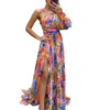 Sukienki swobodne kobiety wieczorne sukienki jedno ramię w plecy kolorowy nadruk kwiatowy pojedynczy długie rękawy z boku split hem plisowana długość podłogi Slant