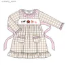 T-shirts Baby Boutique Long Sleeve T-shirt Set Round Neck Farm Animal Embroidery Girl Dress Boy Yellow Lattice Top Clothes And Blue Pants L240311