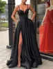 Black Off the Shoulder Satin Evening Gowns Long Side Split Prom Dresses Elegant Ladies Formal Dress Party Gowns8951781