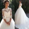 Vintage Lace A-Line wedding dresses sheer High Neck with half Long Sleeves Pearls sash Princess custom made Cheap Bridal Dresses P280G