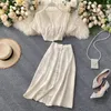 Short Design Front Buttons Tops And Long Skirt 2pcs Dress Solid Color Side Open Blouse