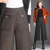 Dikkere wollen broek met wijde pijpen Warm Dames Casual Plus Fluwelen Pantalones Winter Hoge taille Culotte 78 cm Baggy Mode Joggingbroek 240309