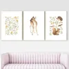 Obrazy Przedszkole Woodland Wall Art Squirrel Deer Canvas Malowanie plakatów kwiatowych i drukowania małych zwierząt leśnych Zdjęcia dla Liv219U