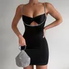 Casual Dresses Rhinestone Cut Out Bodycon Short Dress Women Sexy Elegant Hollow Mini Shining Spaghetti Strap 2024 Fashion Female