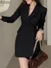 Zanzea casual lapela plissados curto robe feminino blazer vestido moda cor sólida mini vestidos outono manga longa escritório vestido240311