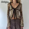 Mulheres camisetas Vintage Moda Leopardo Sexy Mulheres Camisetas Lace Trim Slim Y2K Estética Tie-Up Split Cropped Tops Primavera Camisa