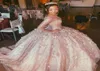Fantastiska rosguld långa ärmar 3d blomma quinceanera prom klänning boll klänning pärlstav illusion kväll formella klänningar söta 16 vestidos8992338