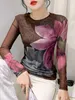 S-4XL Herbst Winter Doppel-Schicht Mesh T-shirt Weibliche Druck Positionierung Blume Lange Ärmeln Rundhals Schlank Top FF0923 240311