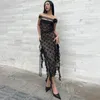 Casual Dresses Women Sexy Asymmetrical Lace Dress See Through Slash Neck Strapless Side Split Bodycon Club Party Evening Outfit