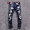 Jeans pour hommes Streetwear Mode Hommes Rétro Bleu Foncé Stretch Slim Fit Ripped Trou Patché Designer Hip Hop Vintage Denim Pantalon