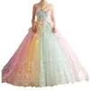 Prompite con abiti colorati arcobaleno graziosi appliques in pizzo di fiore 3d in pizzo lunghezza del pavimento gonfio principessa Quinceanera vestito brithday party g gg gg