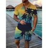 Ny gränsöverskridande polo skjorta Hawaiian Coconut Tree Print Men's Fashion Trend Polo Short Shorts 2-Piece Set