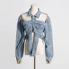 Women's Jackets 2024 Spring Jacket Personalized Trendy Hollow Spliced Lapel Design Sexy Short Sleeved Denim Coat Wear