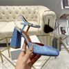 Nya kvinnors äkta läderhöga klackar Sandaler Fashion Crystal Silk Lacquer Leather Heels 9,5 cm Show Party Thick Heels Sexiga klänningskor 35-42