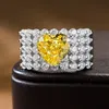 2024 Ins Top Sell Wedding Rings Drop Ship Luxury Jewelry Real 100% 925 Sterling Silver Heart Shape Yellow Moissanite Diamond Gemstones Party Five Rows CZ Women Ring