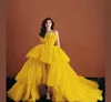 Puffy High Low Yellow Prom Dresses Short Front Long Back Tulle Spaghetti Straps Formal Evening Gowns Tiered Skirt Pageant Special 5588392