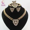 Cool Black Enamel Leopard Head Crystal Necklace Set For WomenMen Trendy Gold color Costume African Jewelry Sets 240311